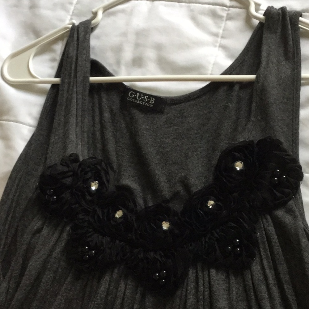 Grey tank top with black flowers and rhinestones